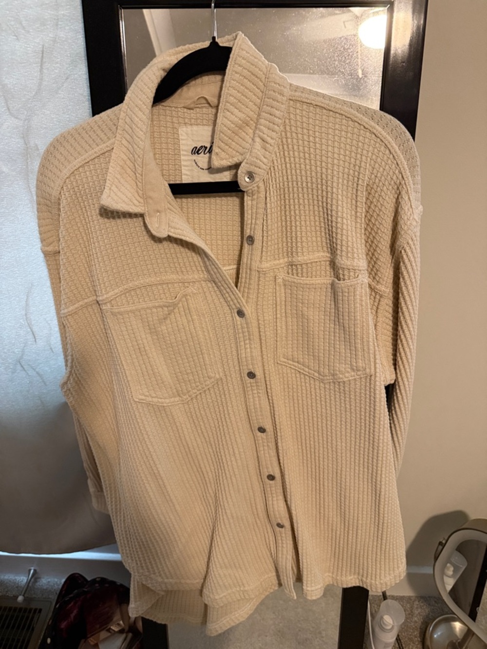 aerie Cream Waffle-Knit long sleeve top